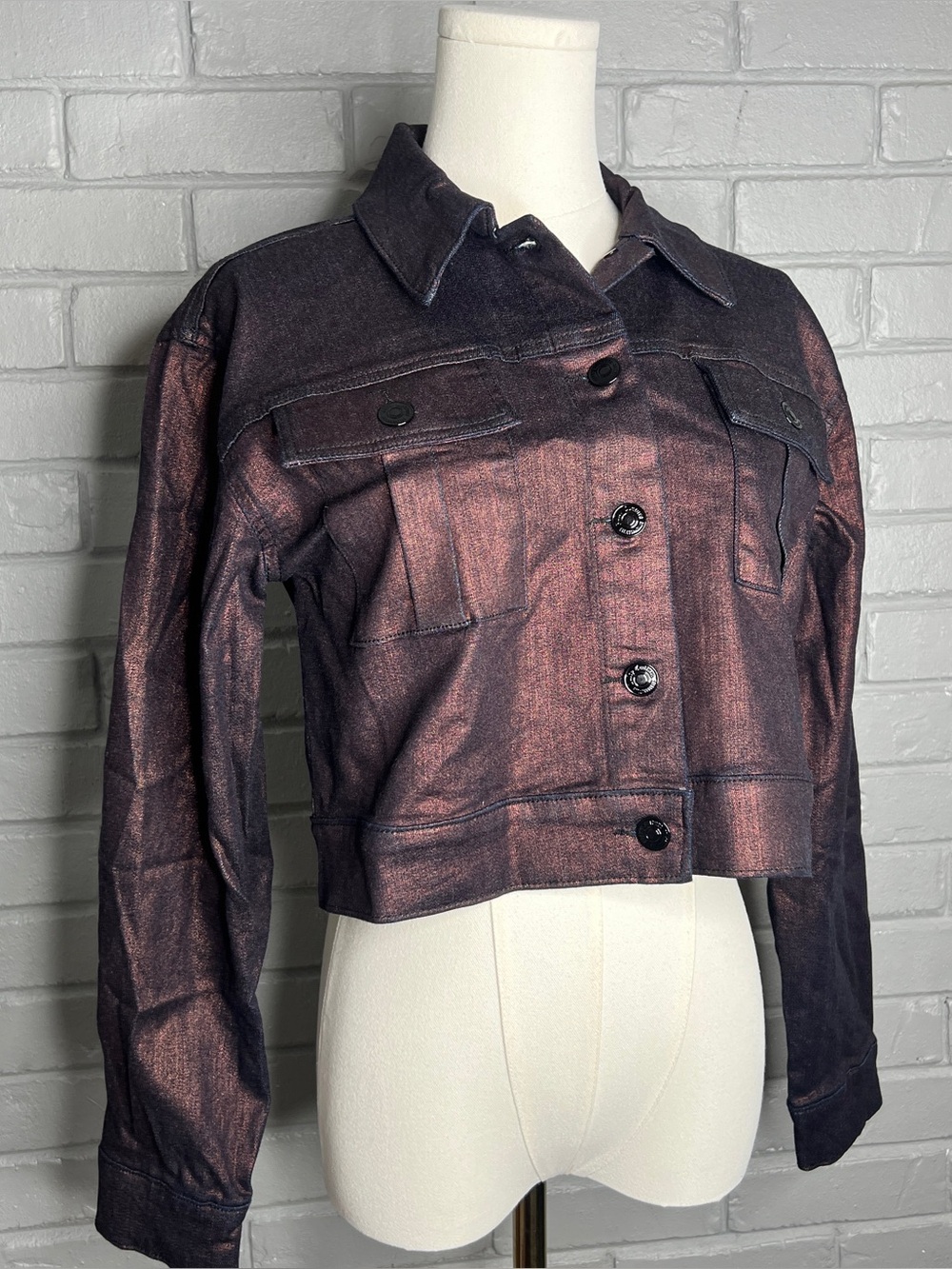 Juicy Couture Women’s Metallic Bronze/Plum Cropped Denim Jacket Size Small - Picture 2 of 13
